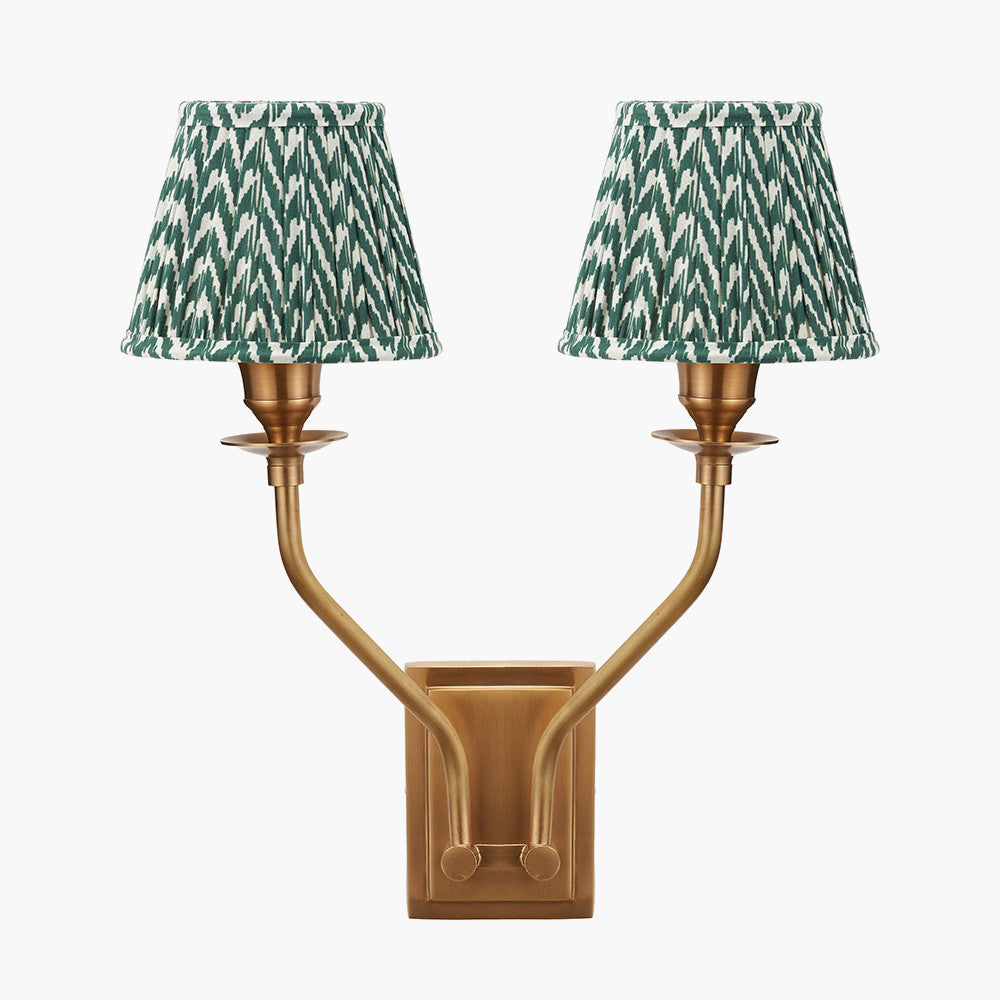 Tatiana Antique Brass Metal Double Wall Light with Vienna 16cm Forest Green Chevron Mushroom Pleat Lampshade