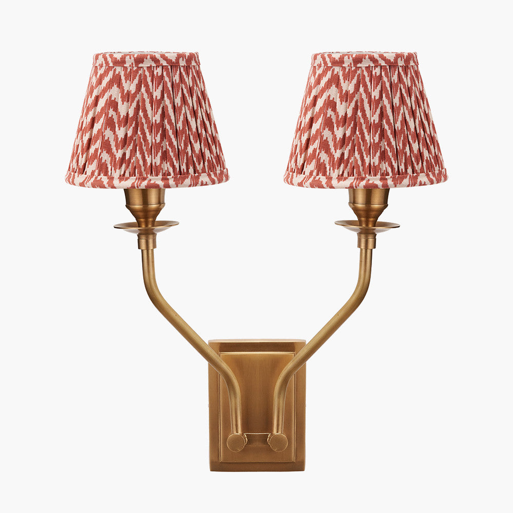 Tatiana Antique Brass Metal Double Wall Light with Vienna 16cm Red Chevron Mushroom Pleat Lampshade