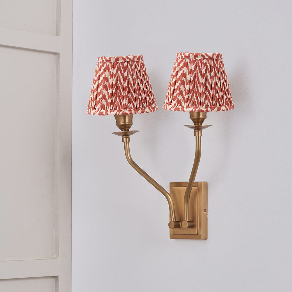 Tatiana Antique Brass Metal Double Wall Light with Vienna 16cm Red Chevron Mushroom Pleat Lampshade