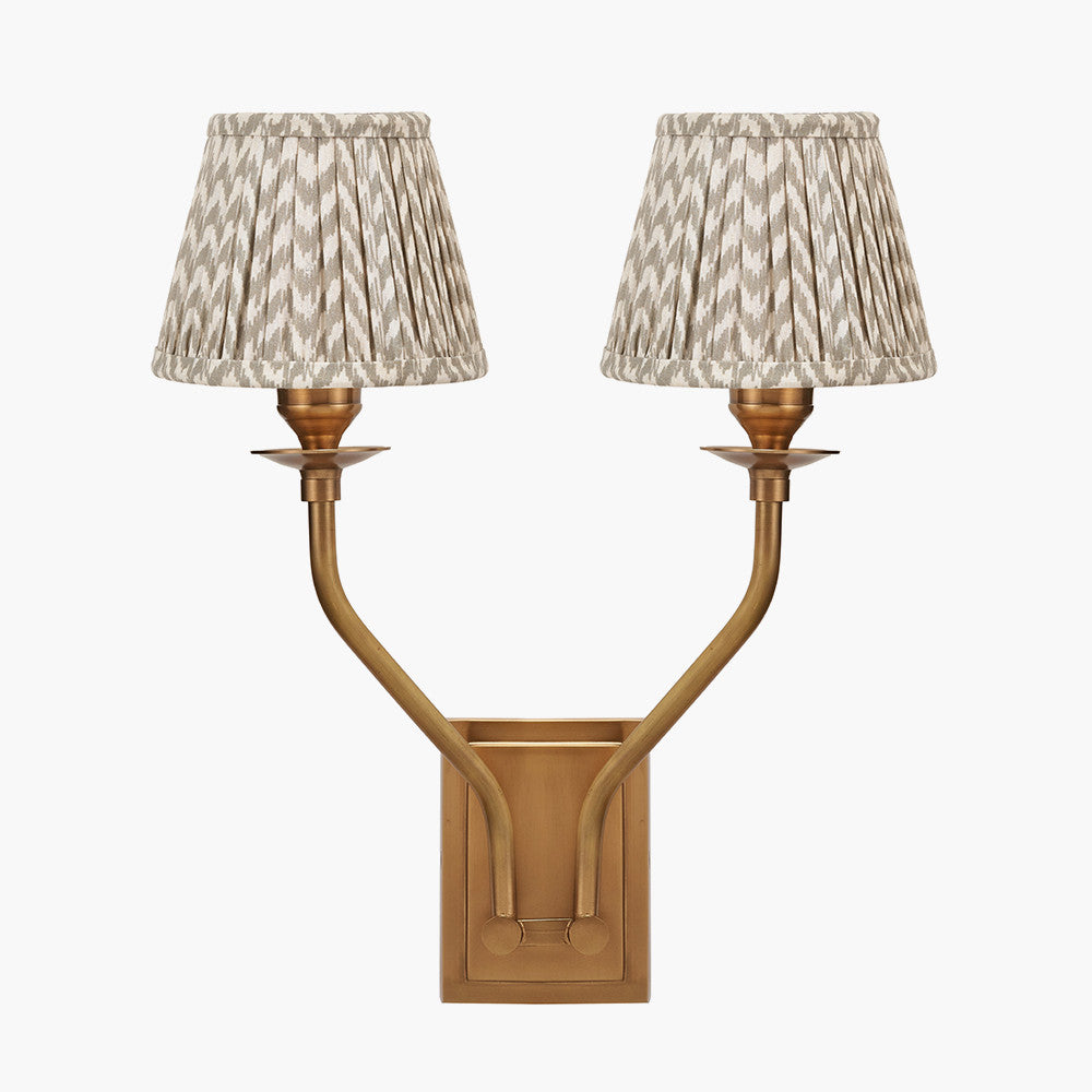 Tatiana Antique Brass Metal Double Wall Light with Vienna 16cm Taupe Chevron Mushroom Pleat Lampshade