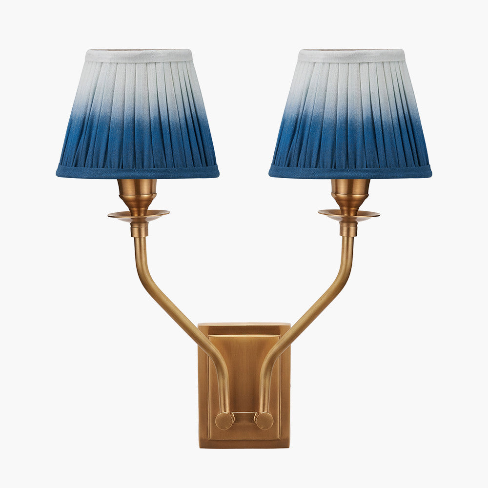 Tatiana Antique Brass Metal Double Wall Light with Scallop 16cm Blue Ombre Soft Pleated Tapered Lampshade