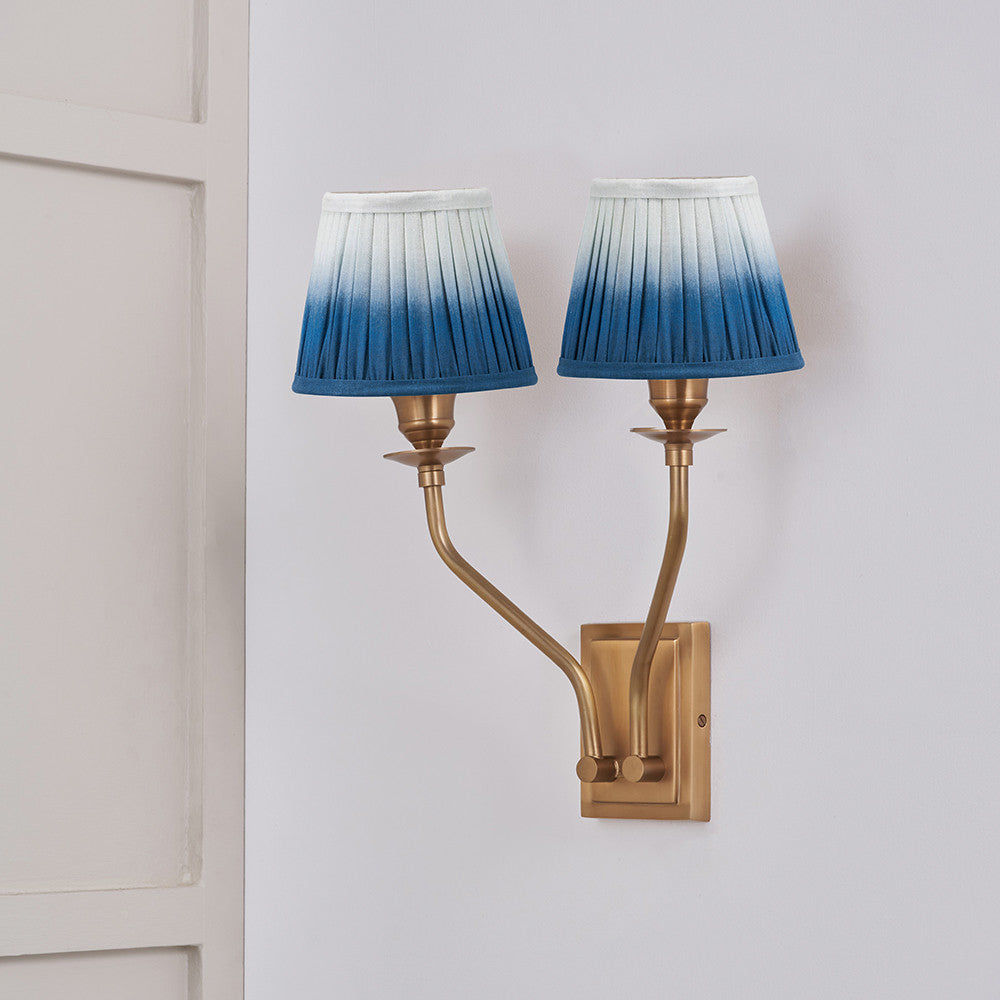 Tatiana Antique Brass Metal Double Wall Light with Scallop 16cm Blue Ombre Soft Pleated Tapered Lampshade