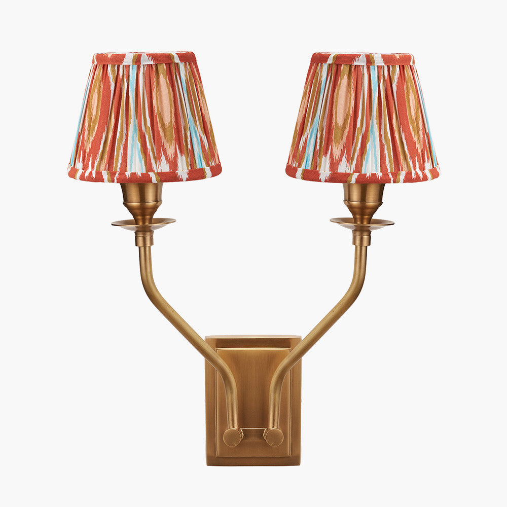 Tatiana Antique Brass Metal Double Wall Light with Izara 16cm Cinnamon Ikat Patterned Mushroom Pleat Tapered Lampshade