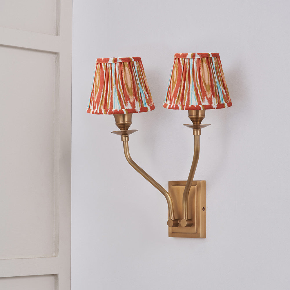 Tatiana Antique Brass Metal Double Wall Light with Izara 16cm Cinnamon Ikat Patterned Mushroom Pleat Tapered Lampshade