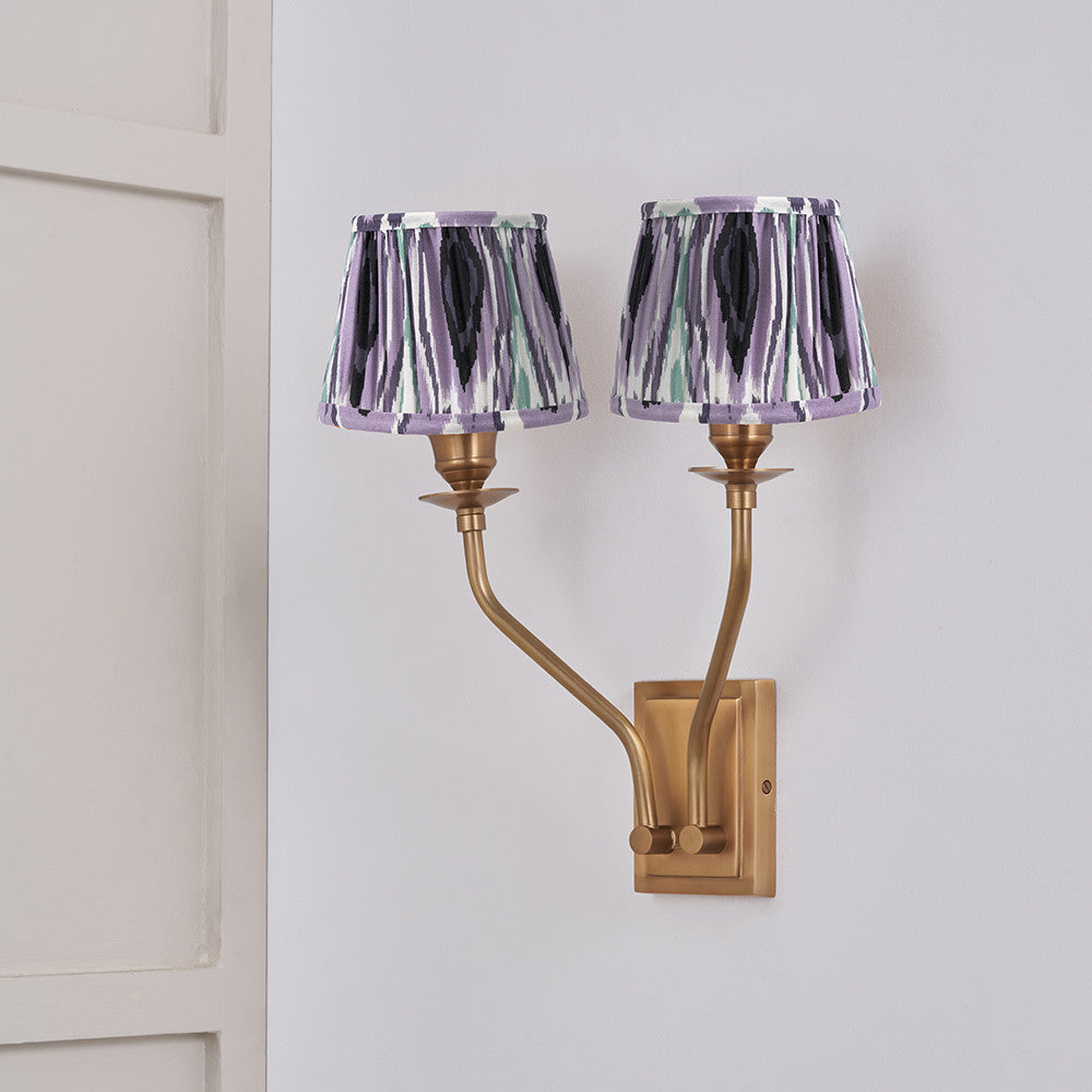 Tatiana Antique Brass Metal Double Wall Light with Izara 16cm Lilac Ikat Patterned Mushroom Pleat Tapered Lampshade