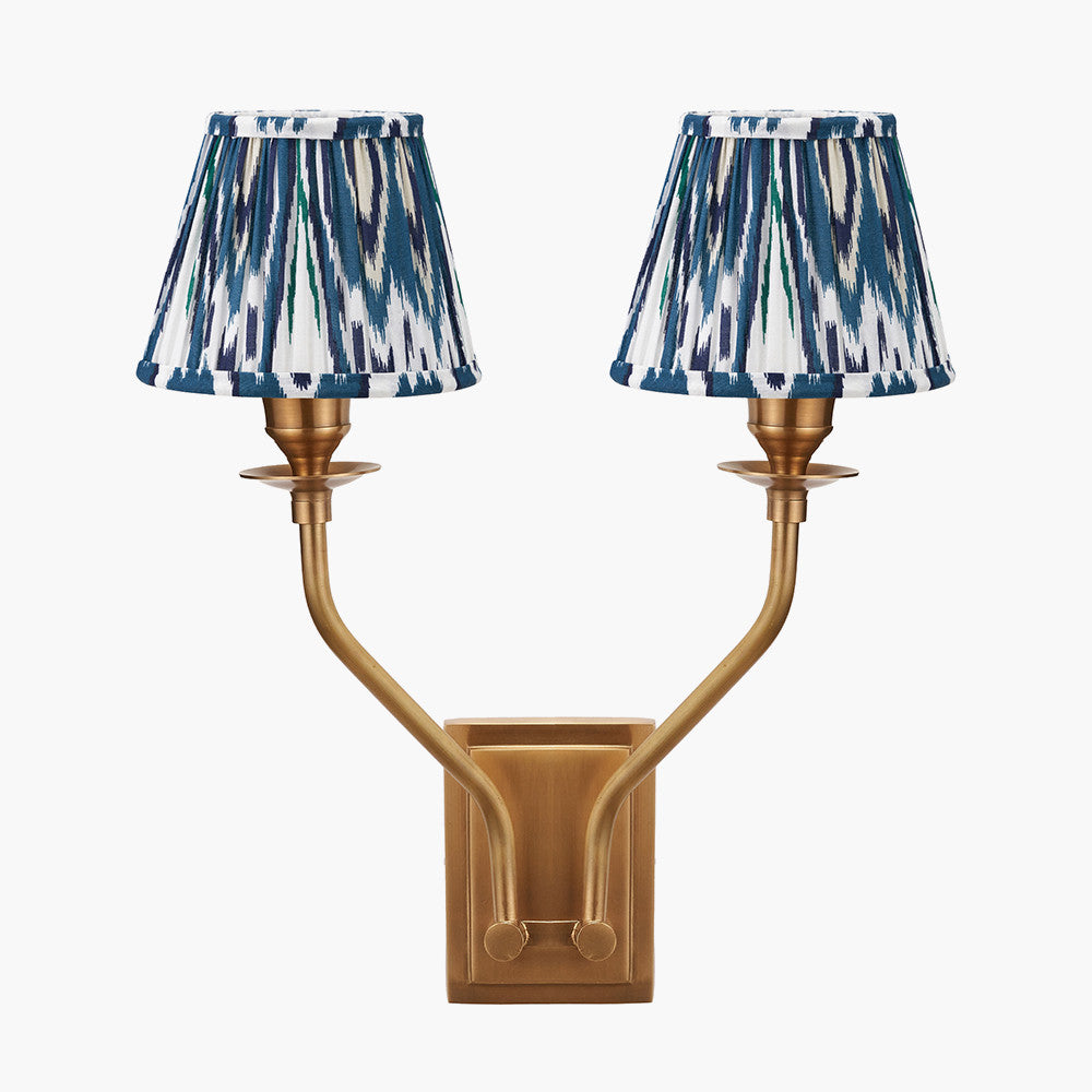 Tatiana Antique Brass Metal Double Wall Light with Izara 16cm Ocean Blue Ikat Patterned Mushroom Pleat Tapered Lampshade