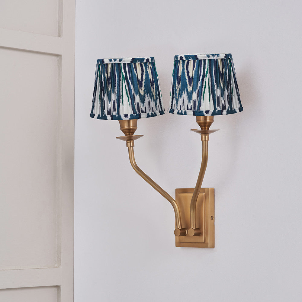 Tatiana Antique Brass Metal Double Wall Light with Izara 16cm Ocean Blue Ikat Patterned Mushroom Pleat Tapered Lampshade