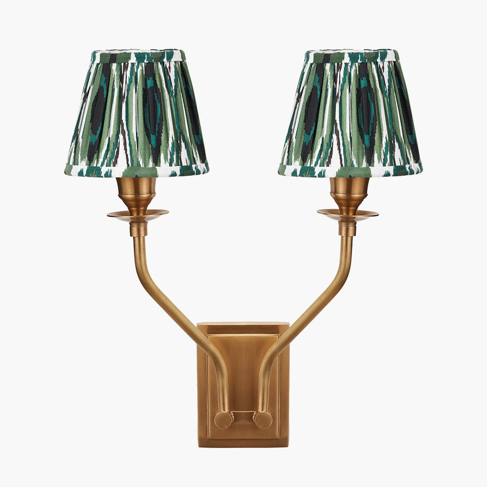 Tatiana Antique Brass Metal Double Wall Light with Izara 16cm Racing Green Ikat Patterned Mushroom Pleat Tapered Lampshade
