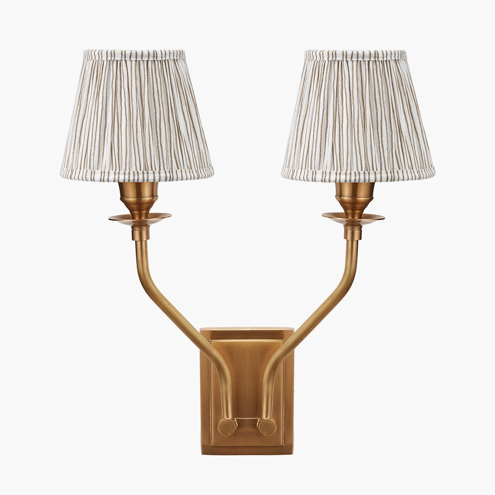 Tatiana Antique Brass Metal Double Wall Light with Thiago 16cm Natural Stripe Mushroom Pleat Tapered Lampshade