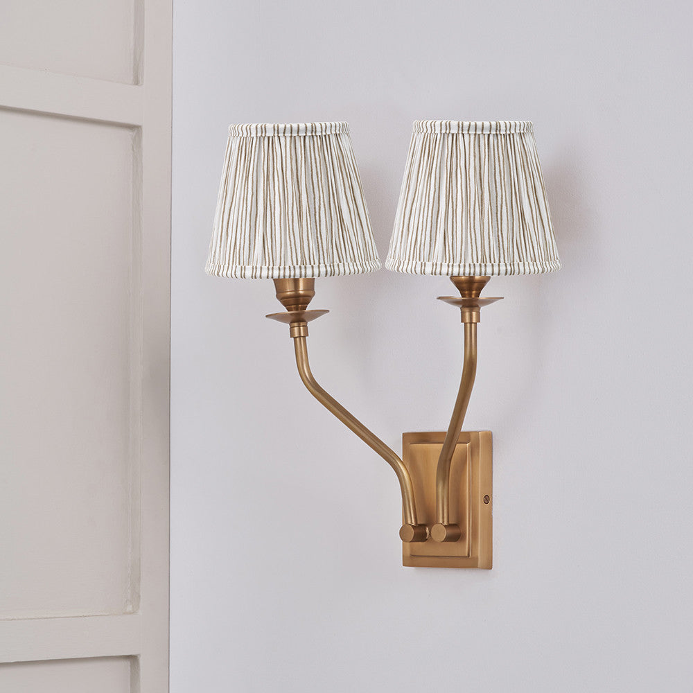 Tatiana Antique Brass Metal Double Wall Light with Thiago 16cm Natural Stripe Mushroom Pleat Tapered Lampshade
