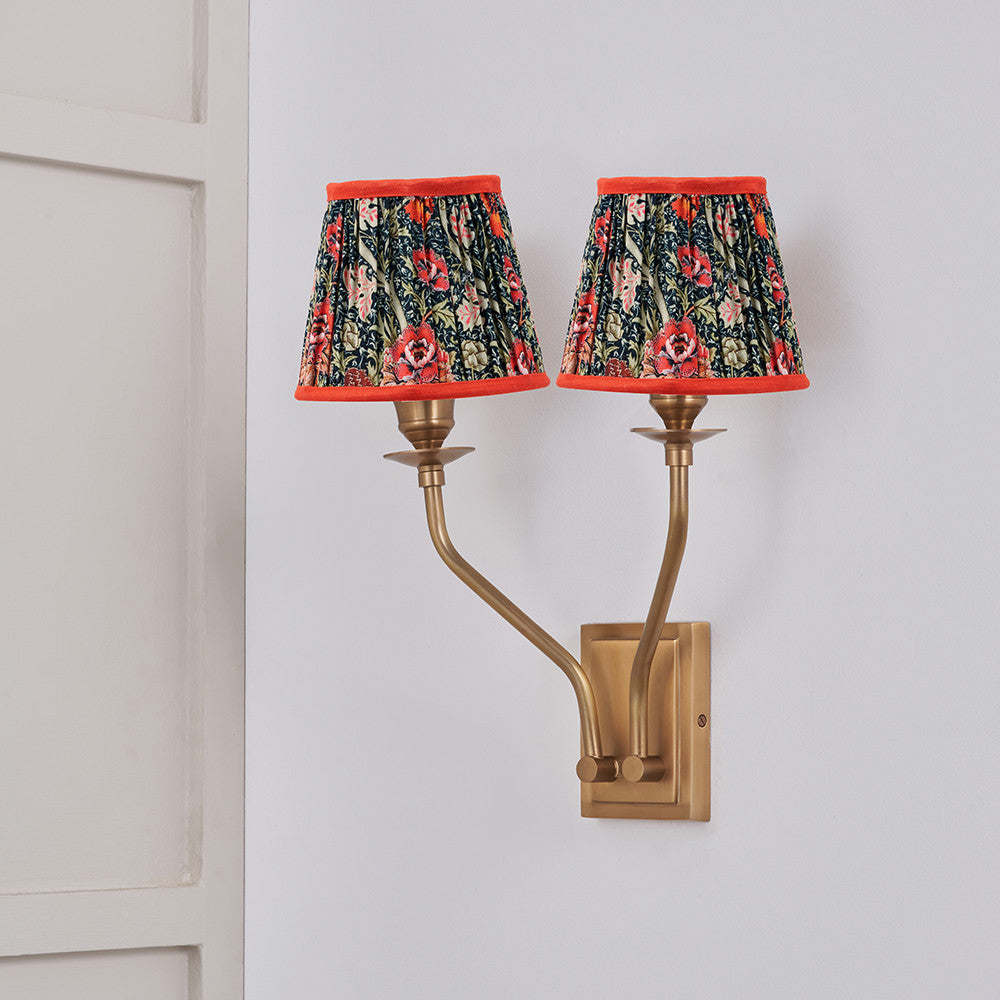 Tatiana Antique Brass Metal Double Wall Light with Floressa 16cm Red Floral Patterned Mushroom Pleat Tapered Lamp Shade