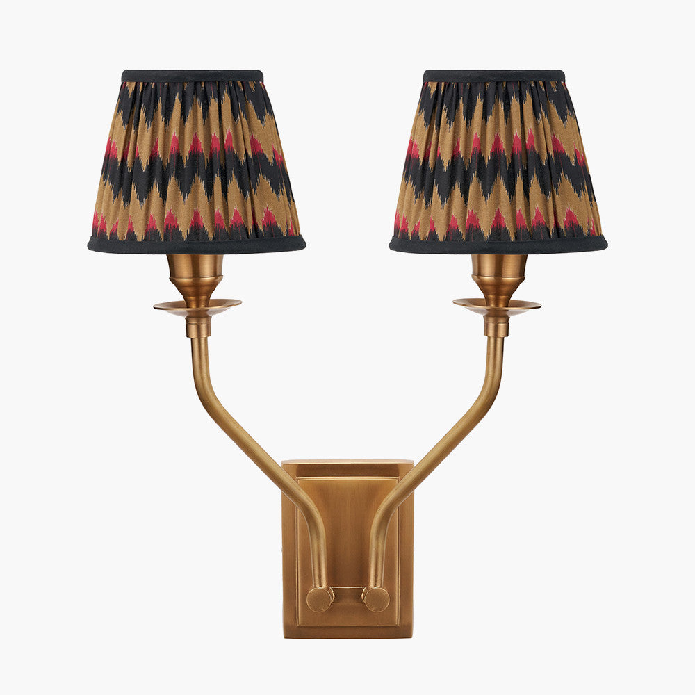 Tatiana Antique Brass Metal Double Wall Light with Athira 16cm Multi Chevron Design Mushroom Pleat Tapered Lamp Shade