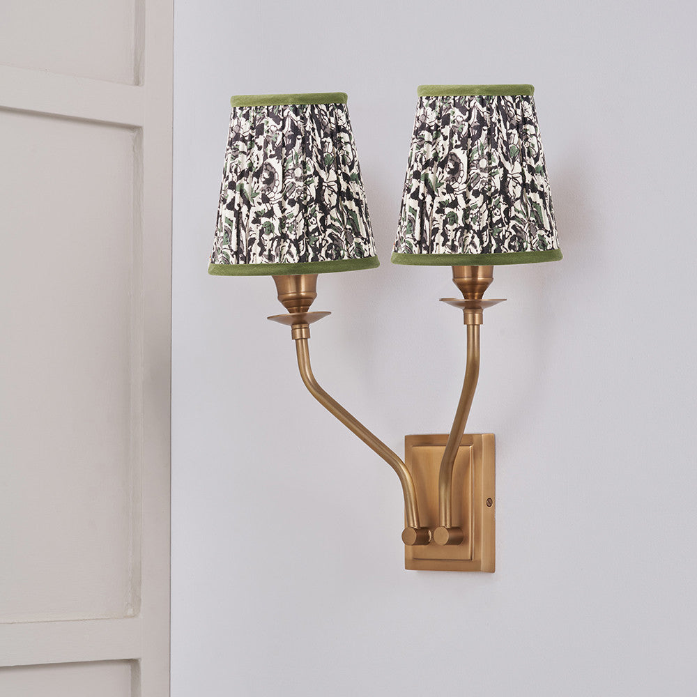 Tatiana Antique Brass Metal Double Wall Light with Ornella 14cm Green Floral Design Mushroom Pleat Tall Tapered Candle Clip Lampshade