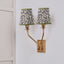 Tatiana Antique Brass Metal Double Wall Light with Ornella 14cm Green Floral Design Mushroom Pleat Tall Tapered Candle Clip Lampshade