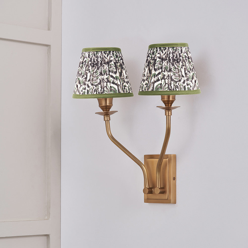 Tatiana Antique Brass Metal Double Wall Light with Ornella 16cm Green Floral Design Mushroom Pleat Tapered Lamp Shade