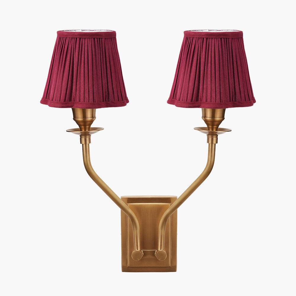 Tatiana Antique Brass Metal Double Wall Light with Malia 18cm Mulberry Red Mushroom Pleat Scalloped Tapered Lamp Shade