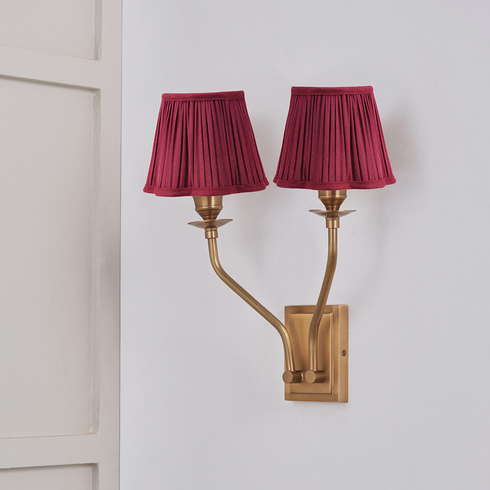 Tatiana Antique Brass Metal Double Wall Light with Malia 18cm Mulberry Red Mushroom Pleat Scalloped Tapered Lamp Shade