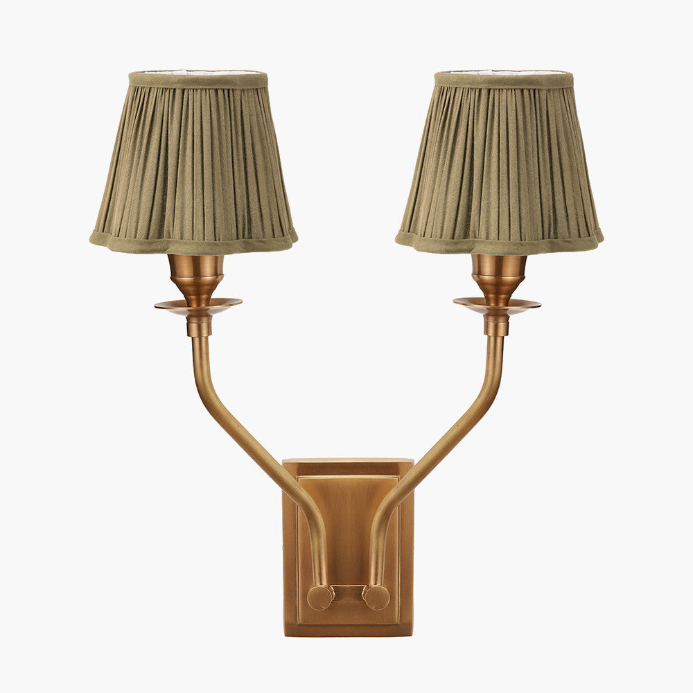 Tatiana Antique Brass Metal Double Wall Light with Malia 18cm Olive Mushroom Pleat Scalloped Tapered Lamp Shade