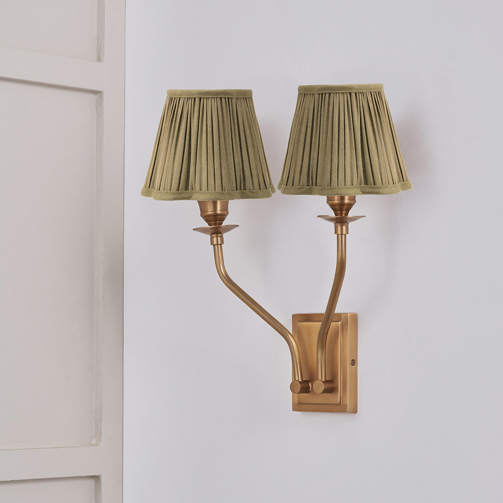 Tatiana Antique Brass Metal Double Wall Light with Malia 18cm Olive Mushroom Pleat Scalloped Tapered Lamp Shade