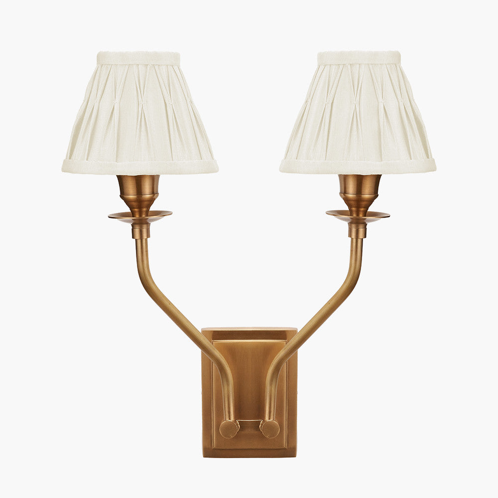 Tatiana Antique Brass Metal Double Wall Light with Garbo 15cm Cream Silk Mix Pinch Pleat Tapered Candle Clip Lampshades