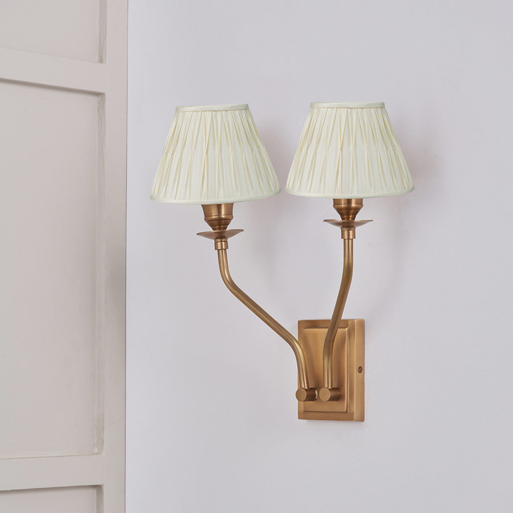 Tatiana Antique Brass Metal Double Wall Light with Garbo 15cm Cream Silk Mix Pinch Pleat Tapered Candle Clip Lampshades