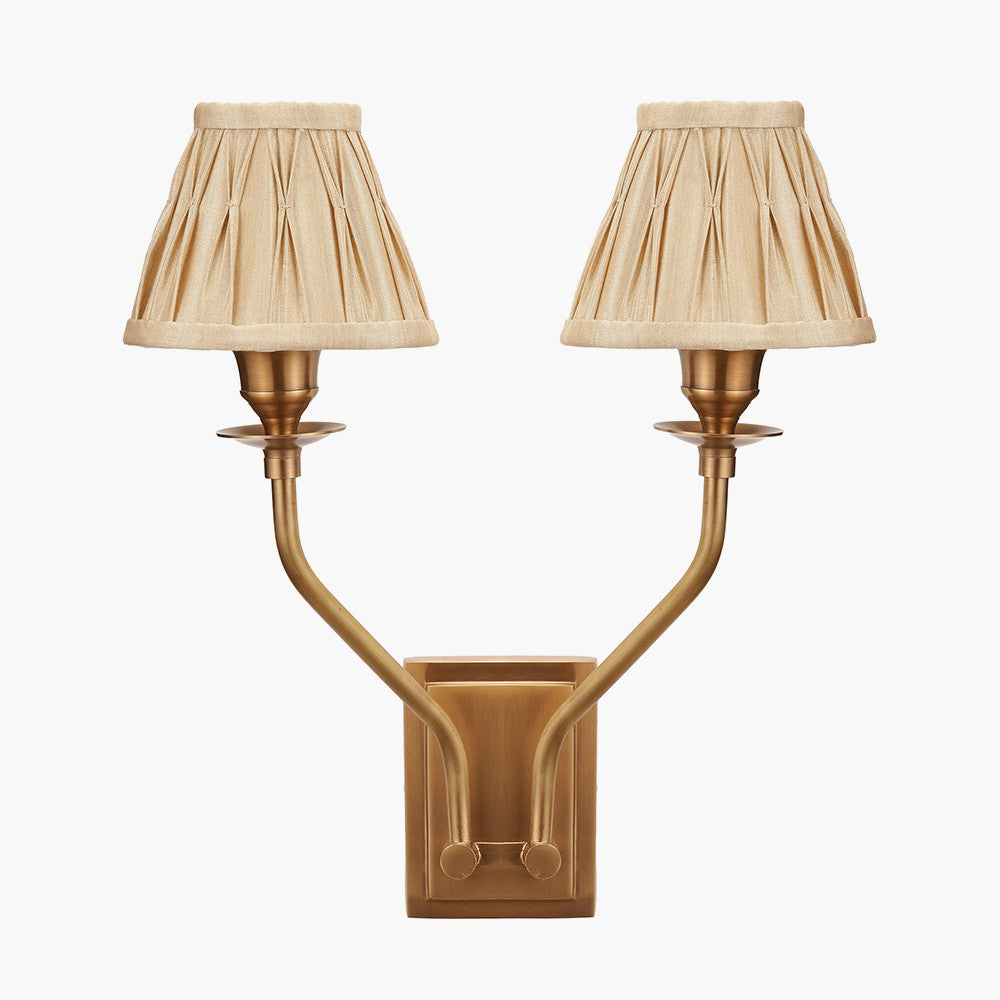 Tatiana Antique Brass Metal Double Wall Light with Garbo 15cm Gold Silk Mix Pinch Pleat Tapered Candle Clip Lampshades