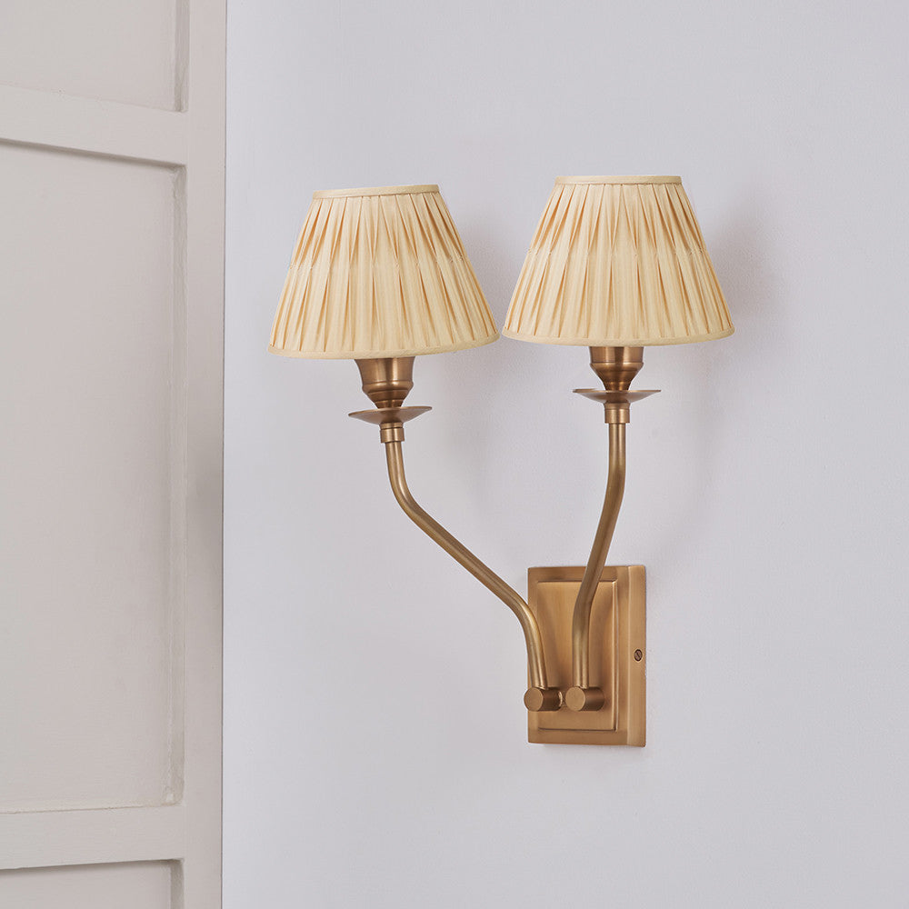Tatiana Antique Brass Metal Double Wall Light with Garbo 15cm Gold Silk Mix Pinch Pleat Tapered Candle Clip Lampshades