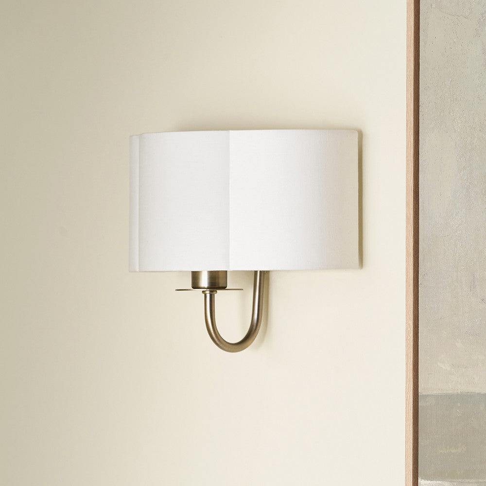 Seraphine Matt Antique Brass Metal and White Cotton Mix Scallop Half Shaded Wall Light