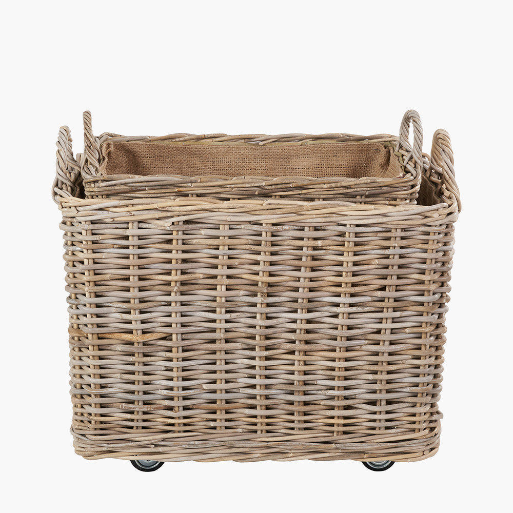 Tobs S/2 Grey Kubu Rattan Rectangular Wheeled Logs Baskets