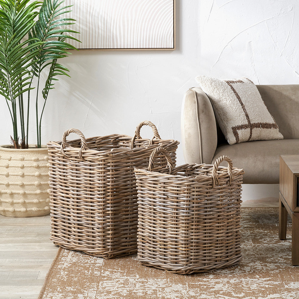 Tobs S/2 Grey Rattan Square Log Baskets