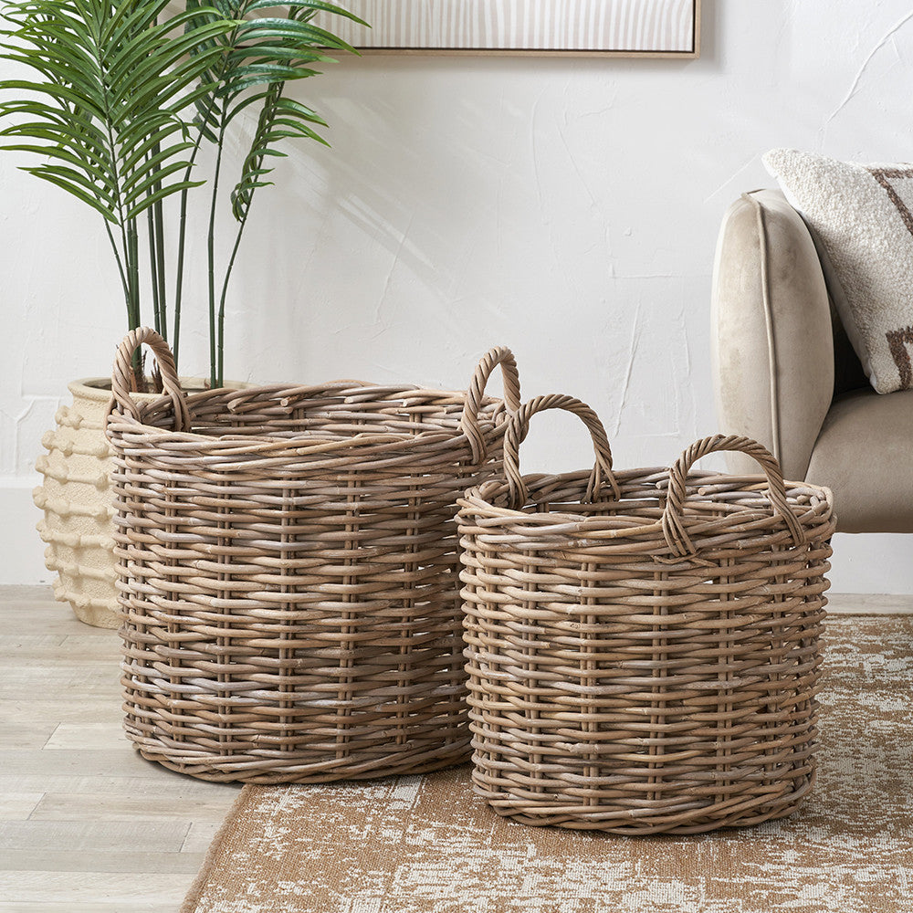 Tobs S/2 Grey Rattan Round Log Baskets