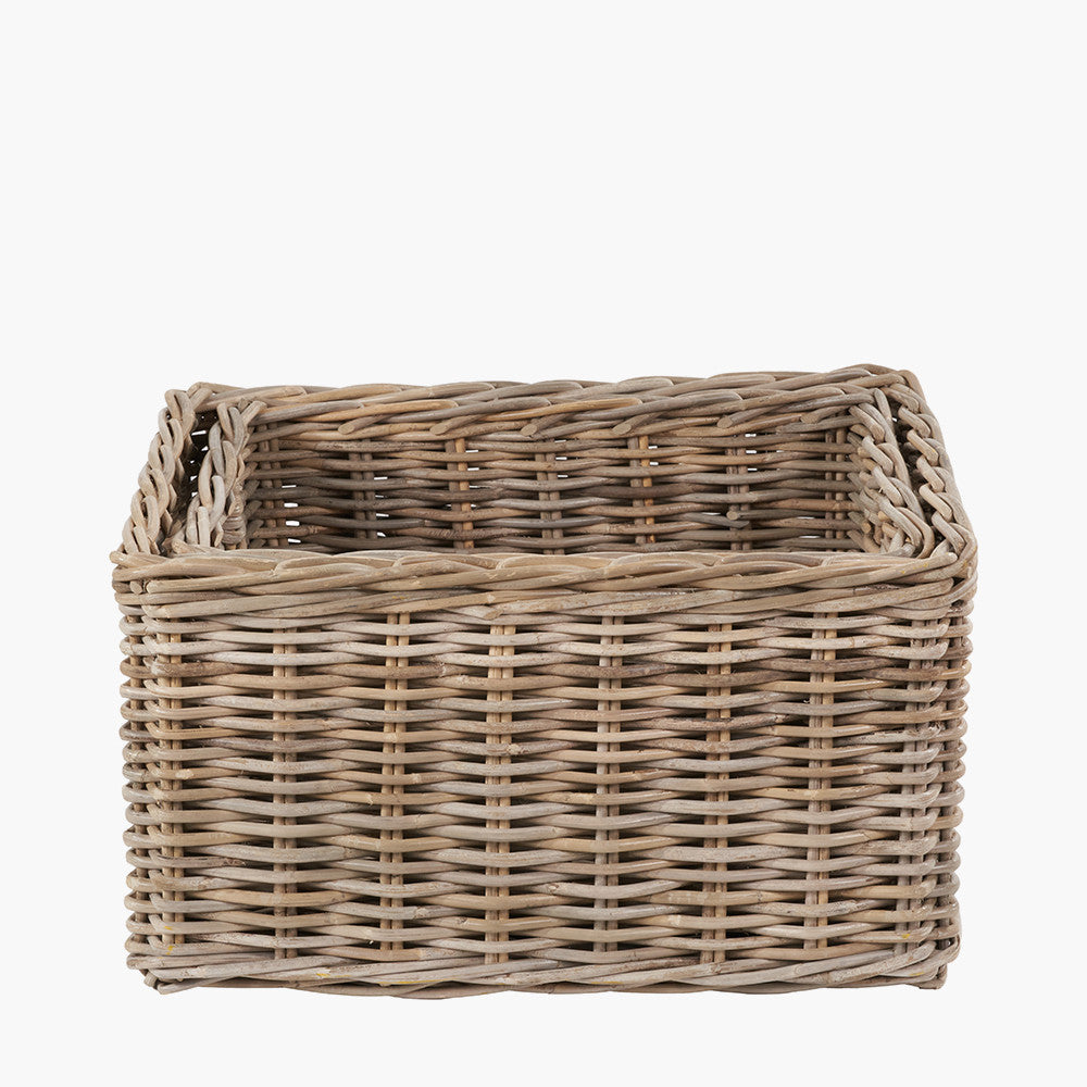 Tobs S/2 Grey Kubu Rattan Rectangular Storage Baskets with Inset Handles