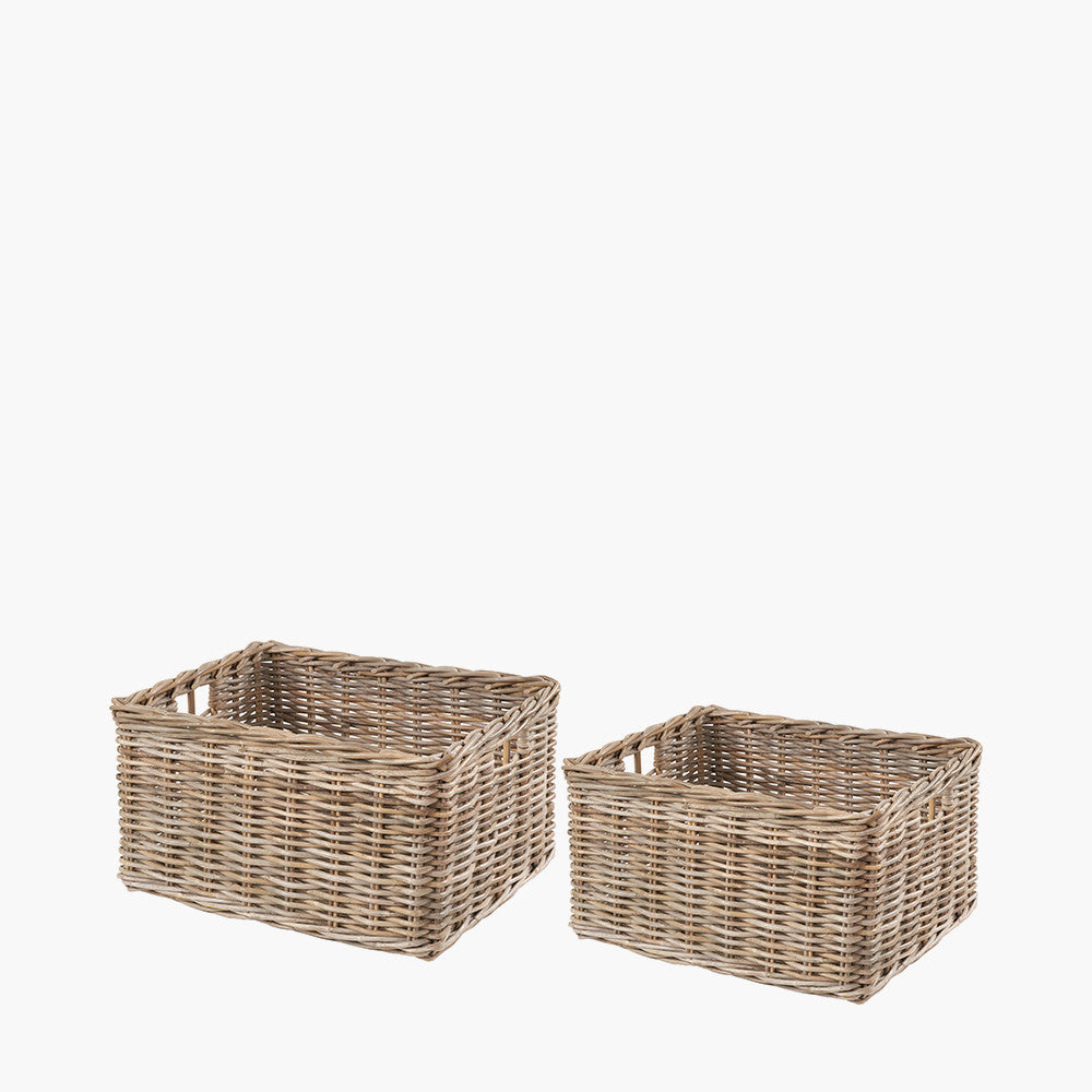 Tobs S/2 Grey Kubu Rattan Rectangular Storage Baskets with Inset Handles