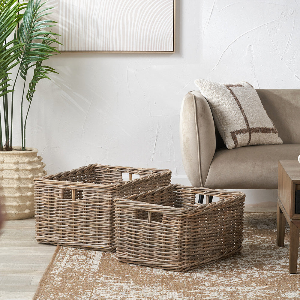 Tobs S/2 Grey Kubu Rattan Rectangular Storage Baskets with Inset Handles