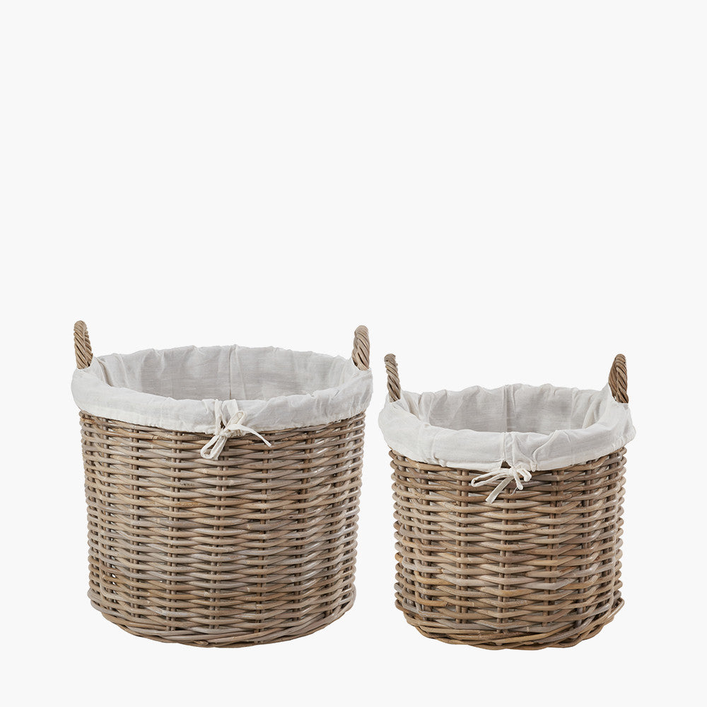 Tobs S/2 Grey Kubu Rattan Lined Round Log Baskets