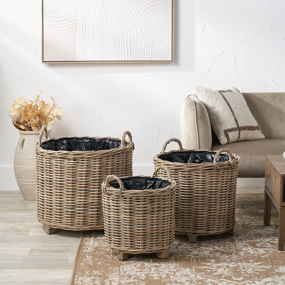 Tobs S/3 Indoor Outdoor Grey Kubu Rattan Round Basket Planters with Handles