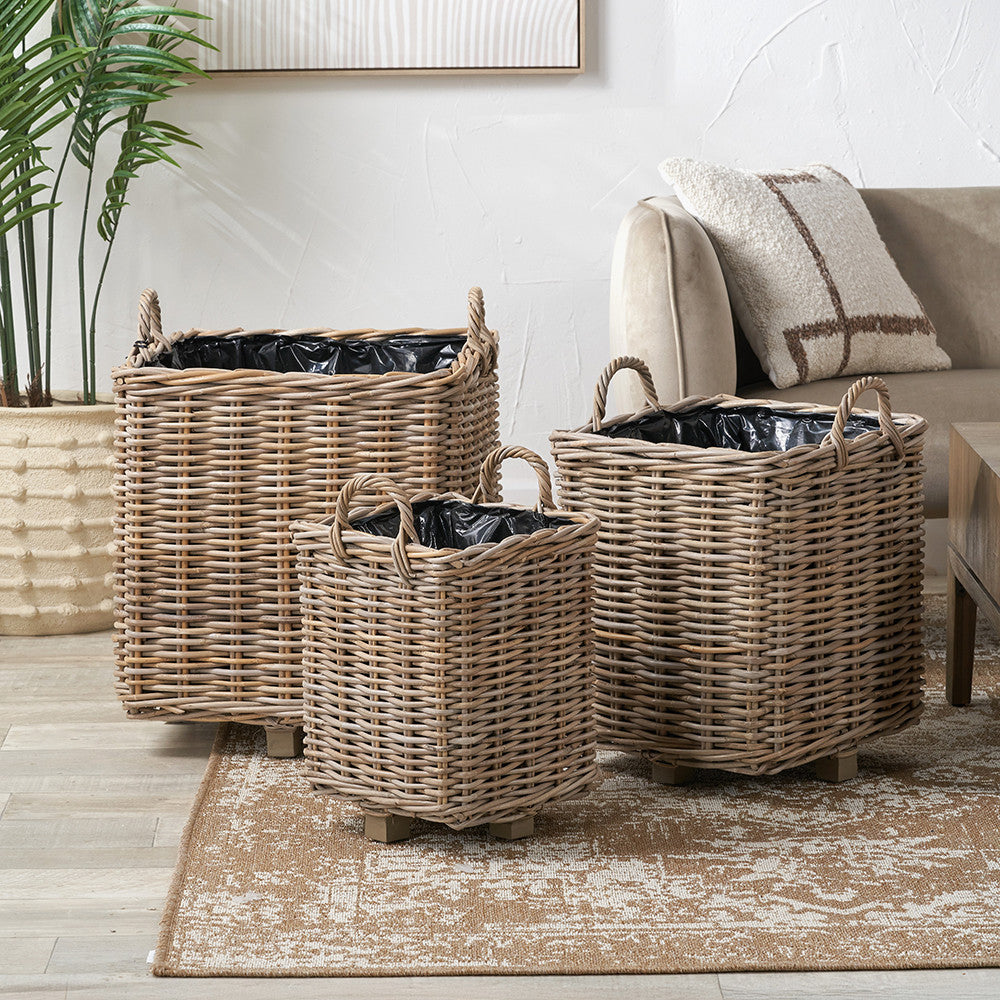 Tobs S/3 Indoor Outdoor Grey Kubu Rattan Square Basket Planters with Handles
