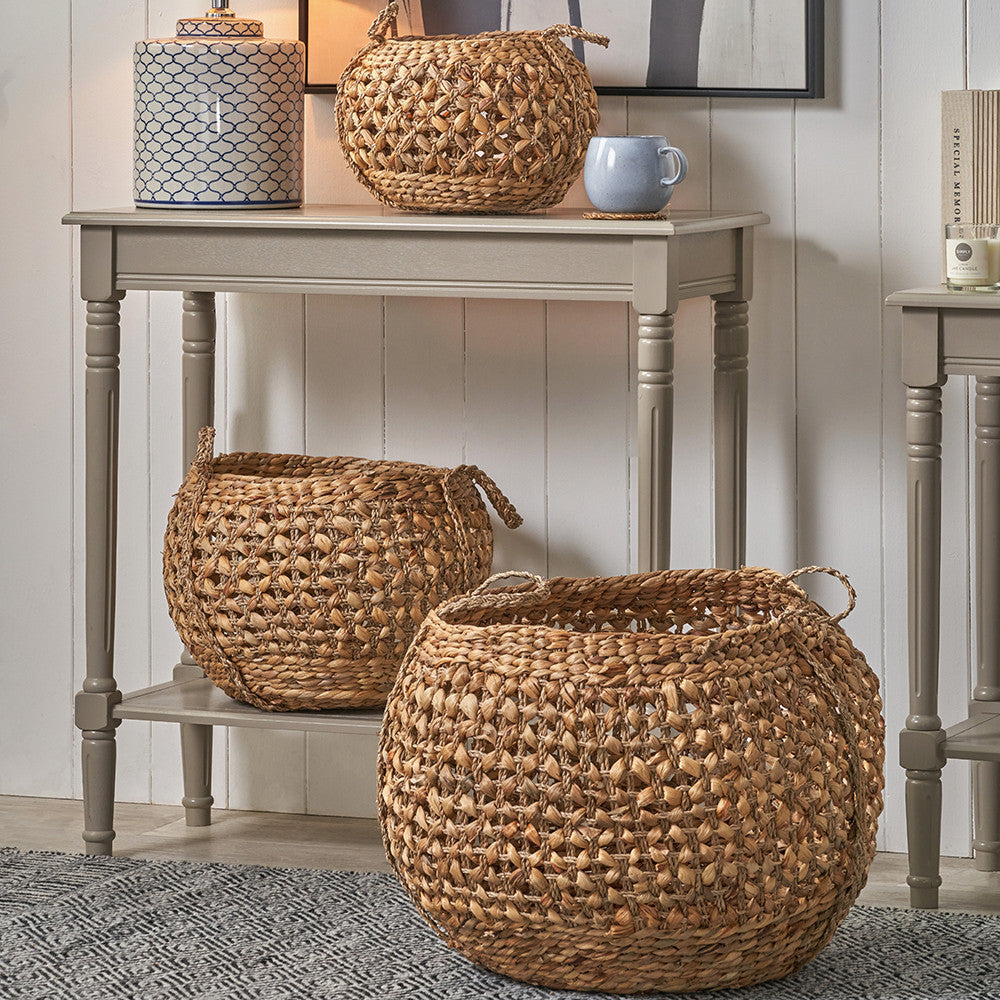Woven Water Hyacinth S/3 Handled Round Baskets