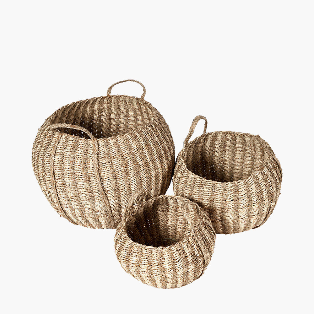 S/3 Woven Striped Natural Seagrass and Palm Leaf Round Baskets