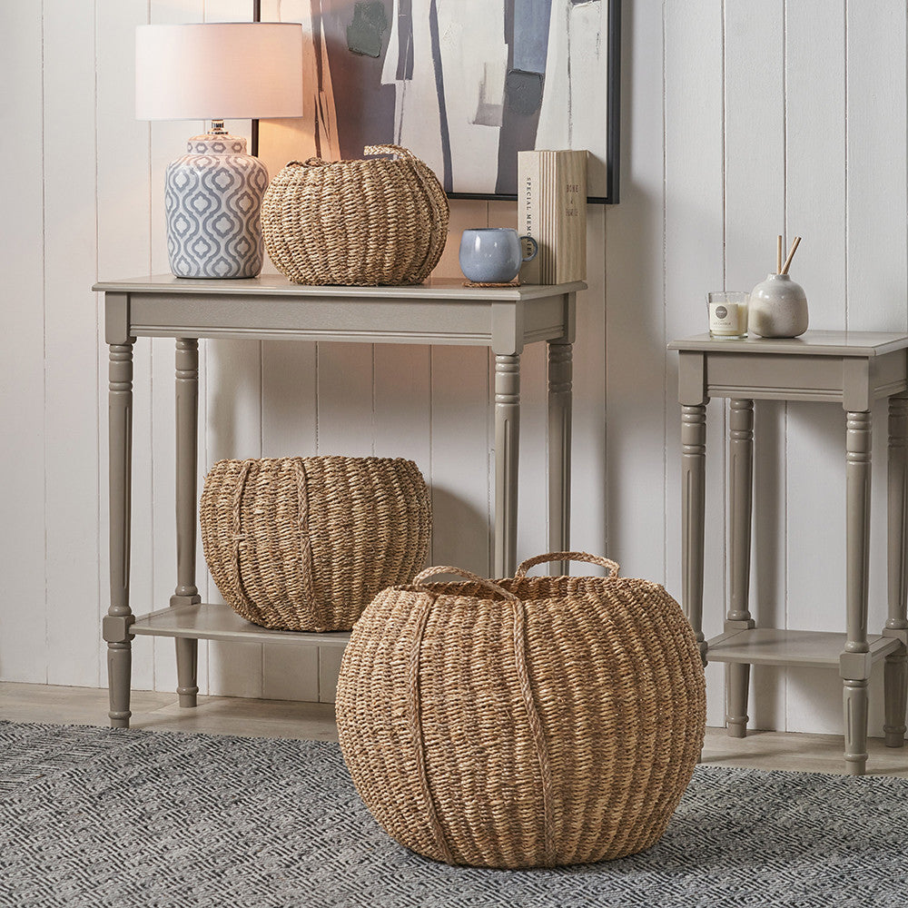 S/3 Woven Striped Natural Seagrass and Palm Leaf Round Baskets
