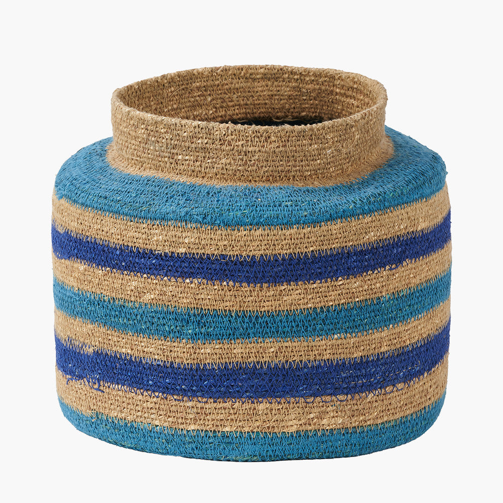 Tobs Seagrass Natural, Blue and Turquoise Stripe Round Basket