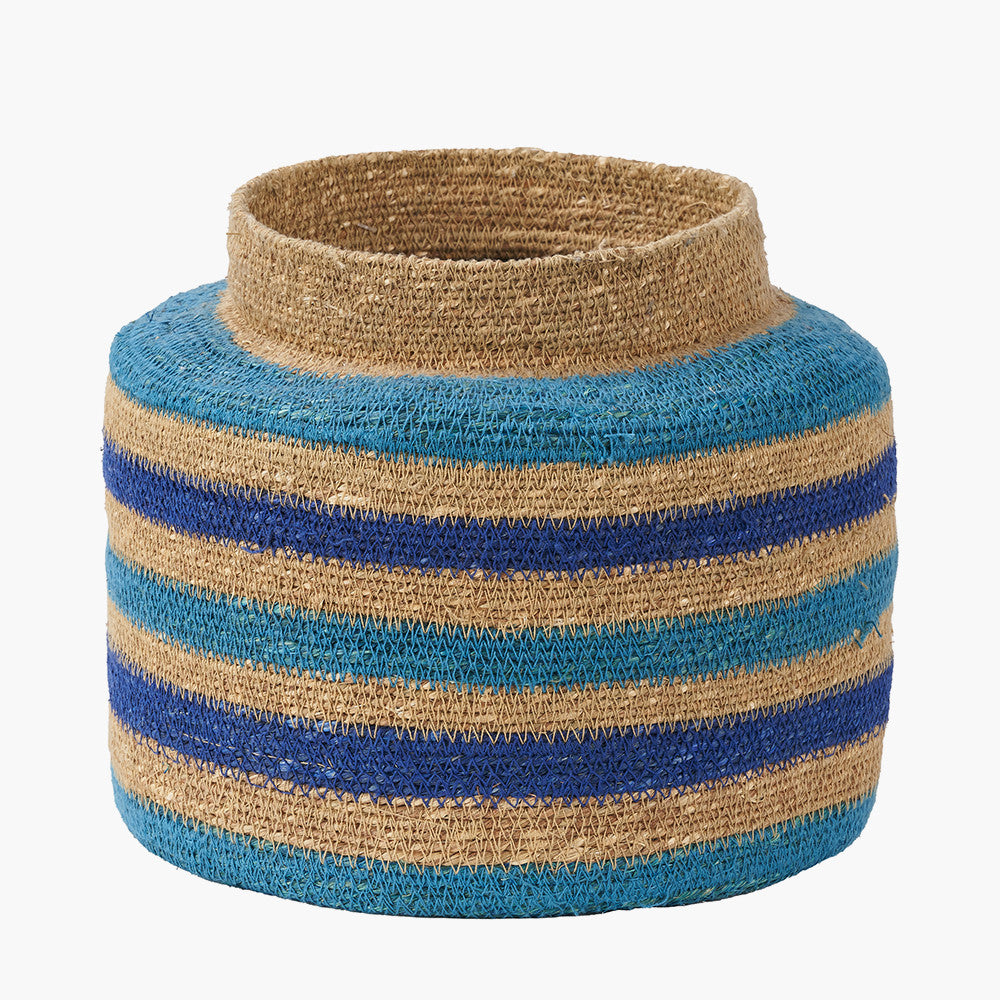 Tobs Seagrass Natural, Blue and Turquoise Stripe Round Basket