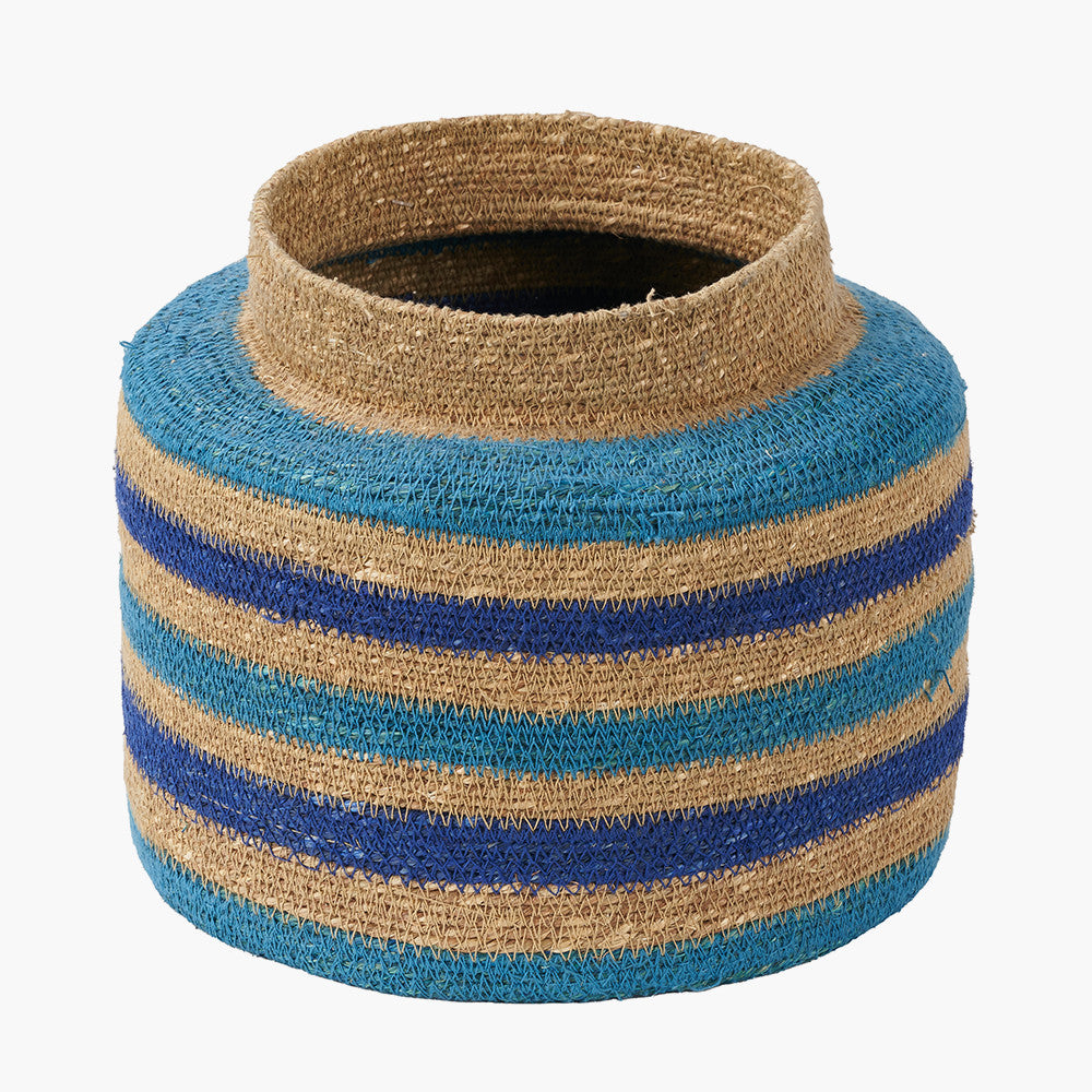 Tobs Seagrass Natural, Blue and Turquoise Stripe Round Basket