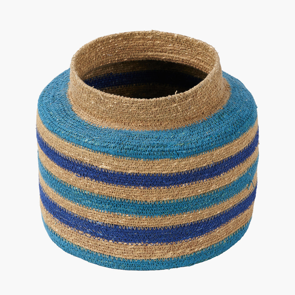 Tobs Seagrass Natural, Blue and Turquoise Stripe Round Basket