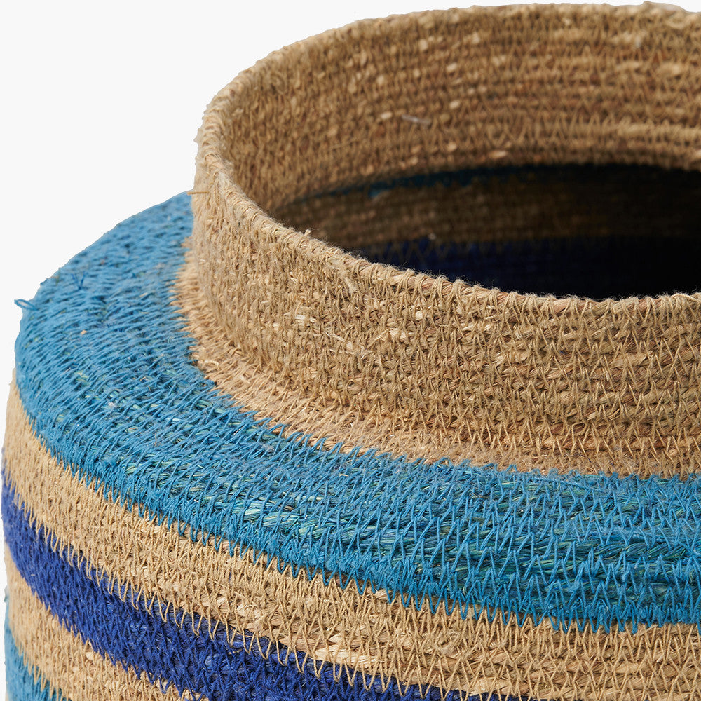 Tobs Seagrass Natural, Blue and Turquoise Stripe Round Basket
