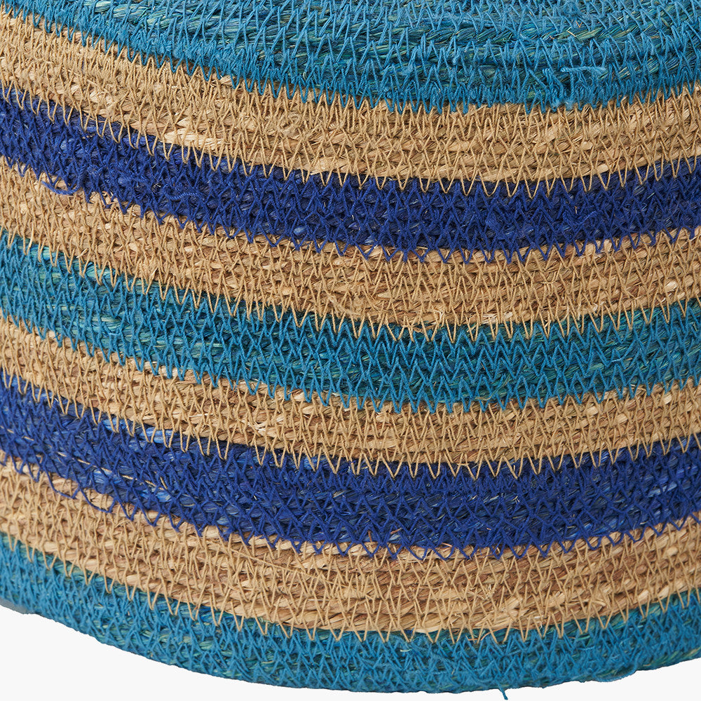Tobs Seagrass Natural, Blue and Turquoise Stripe Round Basket