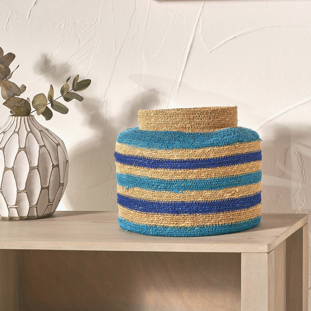Tobs Seagrass Natural, Blue and Turquoise Stripe Round Basket