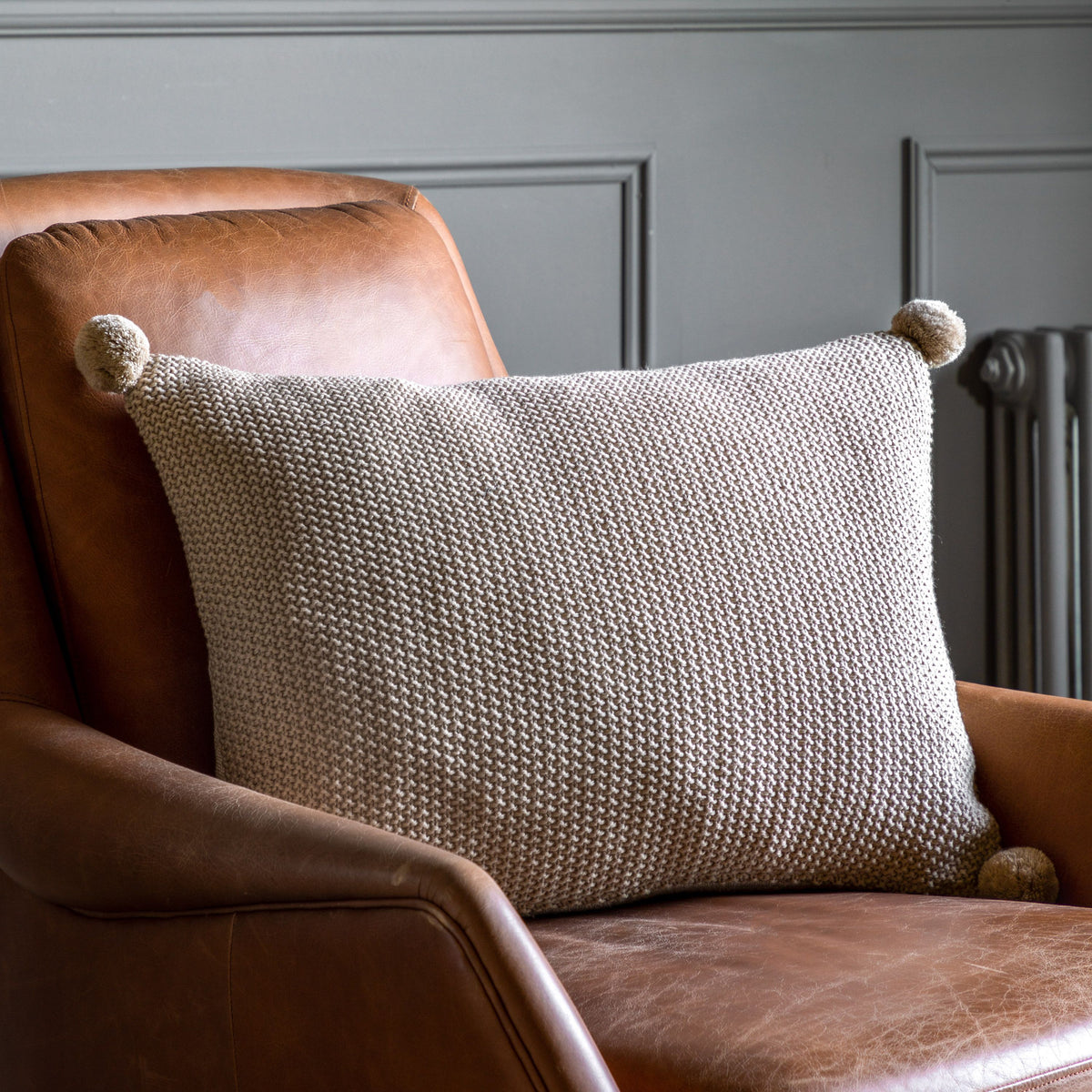 Moss Stitch PomPom Cushion Natural