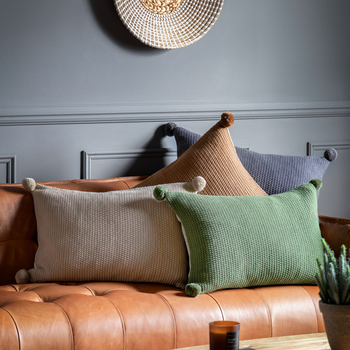 Moss Stitch PomPom Cushion Natural