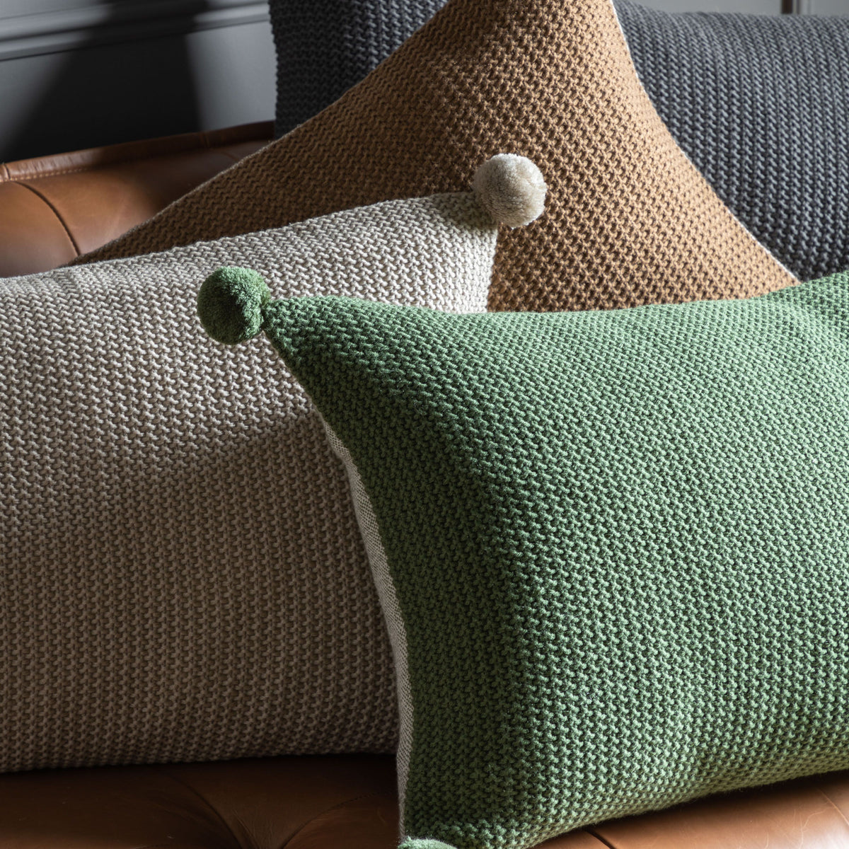 Moss Stitch PomPom Cushion Natural